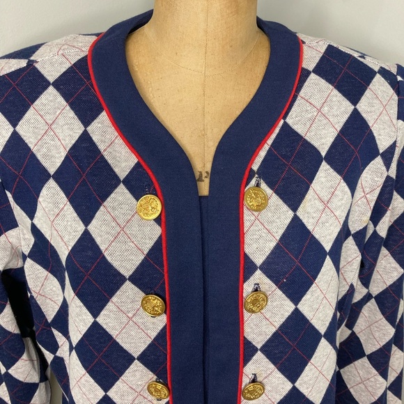 Vintage 80s Preppy Blue and Red Cardigan Sweater - Picture 2 of 3